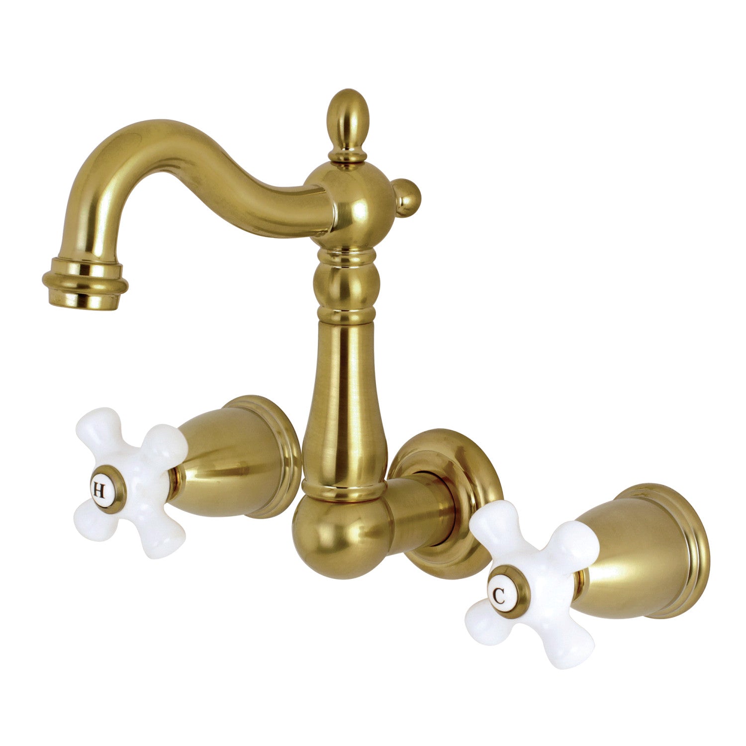 Kingston Heirloom KS1227PX - Heritage Double-Handle 3-Hole Wall Mount Bathroom Faucet, Brushed Brass — image 1